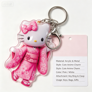 Cute Anime Cat Acrylic Keychain Pink Kimono Character Bag Charm