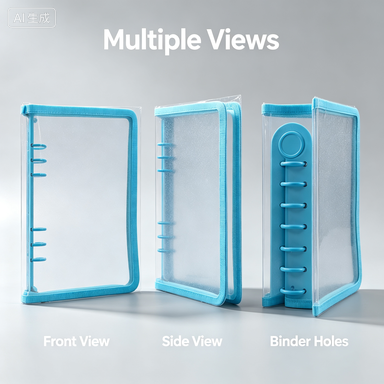 Clear PVC Loose-Leaf Binder Folder Light Blue Edge Transparent Storage Organizer