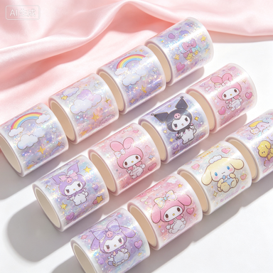 Kawaii Cartoon Washi Tape Set | Sparkling Transparent Decorative Stickers for Journaling, Scrapbooking and Gift Wrapping