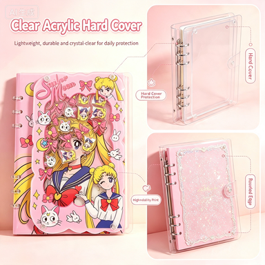 Cute Anime Acrylic Shake Notebook, Kawaii Pink Sailor Moon Inspired Binder Journal for Stickers, Notes & Collection
