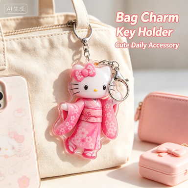 Cute Anime Cat Acrylic Keychain Pink Kimono Character Bag Charm