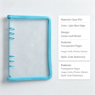 Clear PVC Loose-Leaf Binder Folder Light Blue Edge Transparent Storage Organizer